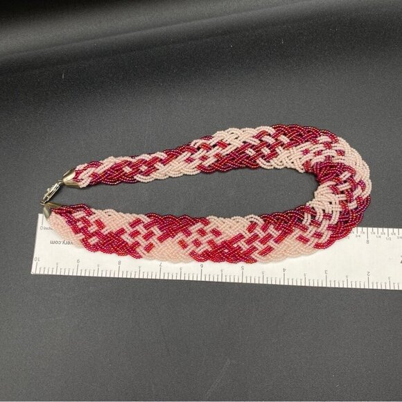 Rare Vintage Wide Collar Beaded Necklace with Red and Pink Seed Beads - Picture 9 of 11